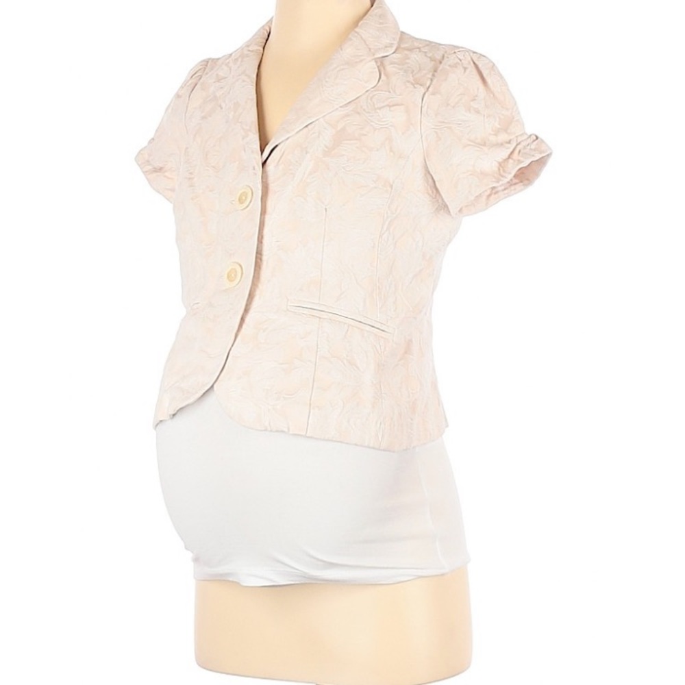 MOTHERHOOD MATERNITY SHORT SLEEVE BEIGE/PINK BROCADE CLASSIC JACKET SzS EUC